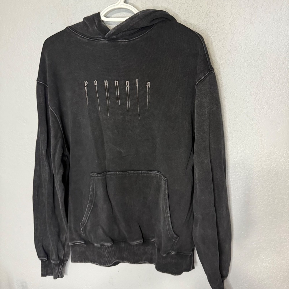 YoungLA Mens Black Acid Wash Skull Drip Graphic Hoodie YLA Streetwear Small